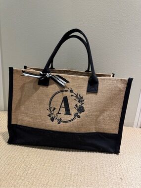 Monogram 'A' Natural & Black Jute Tote Bag